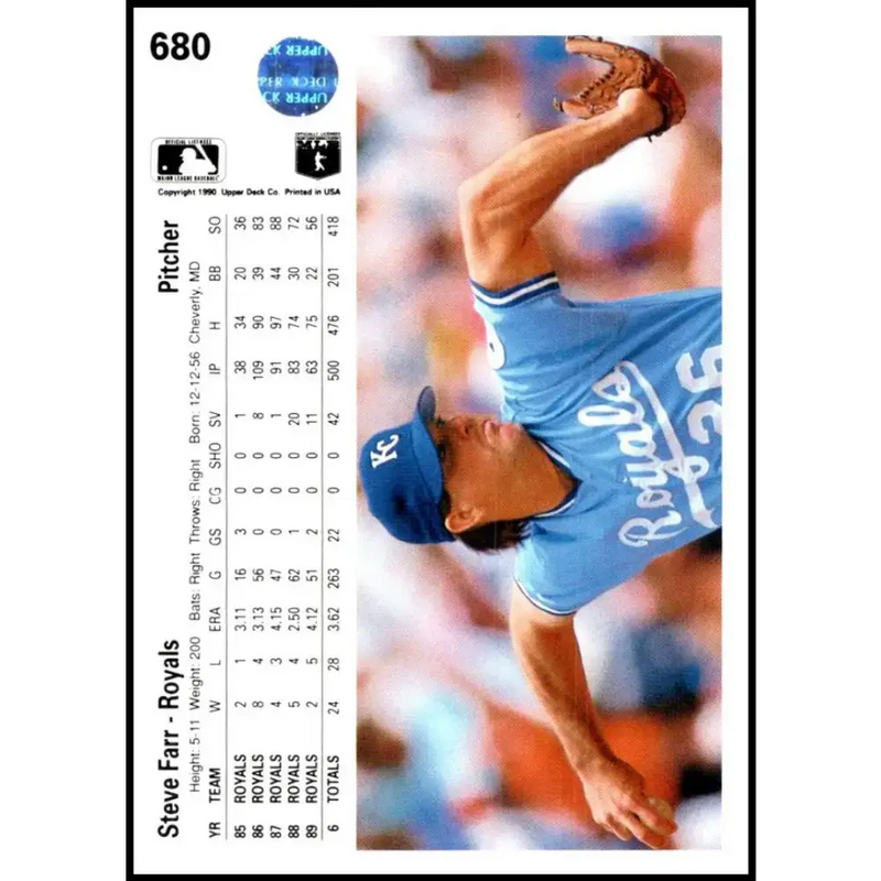 1990 Upper Deck #680 Steve Farr NM-MT Kansas City Royals Baseball Card - Baseball Card Single