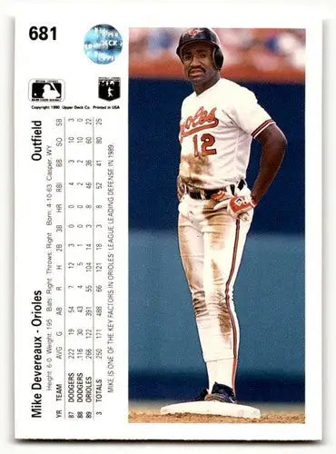 Original gloss Upper Deck Mike Devereaux 1990 baseball card Baltimore Orioles