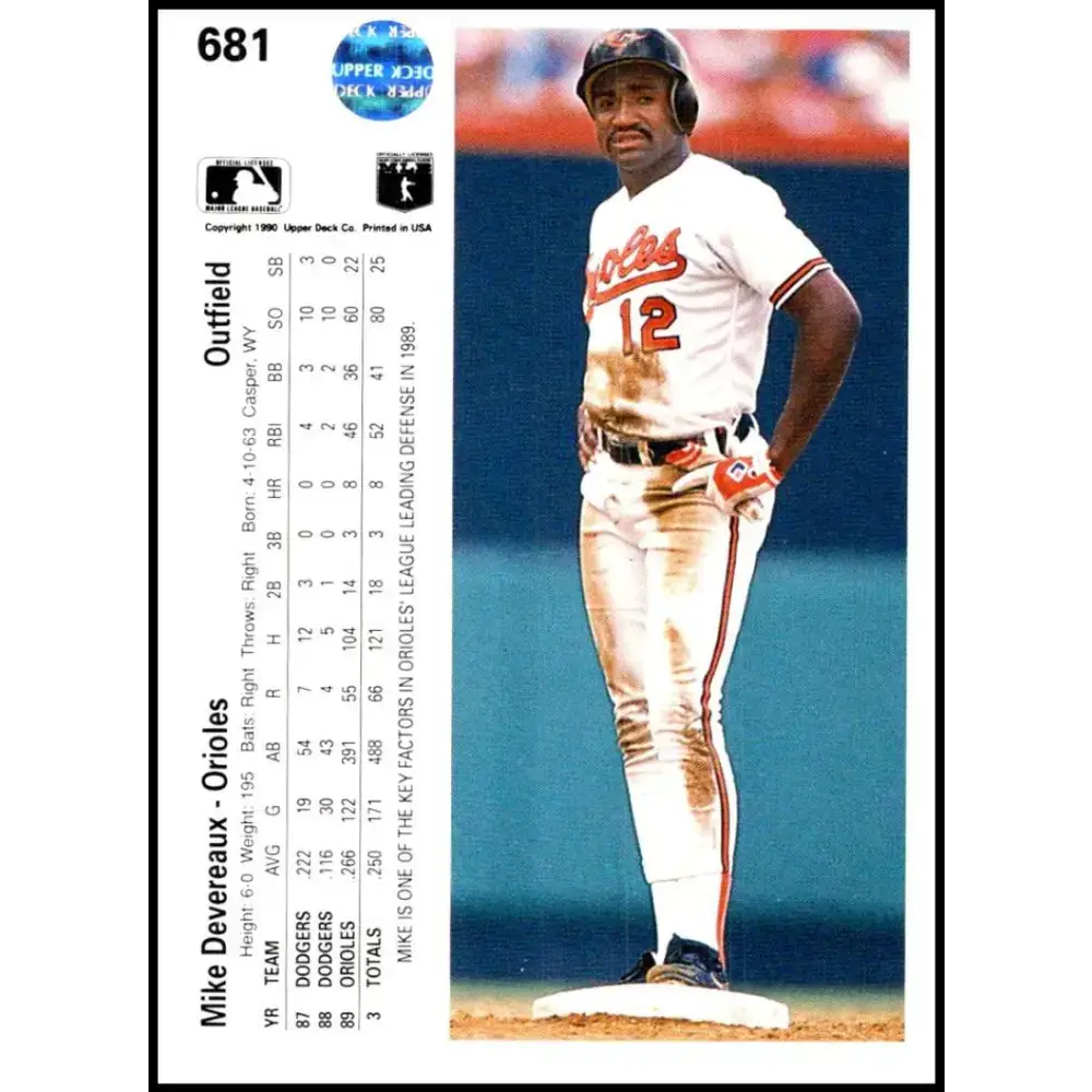 1990 Upper Deck #681 Mike Devereaux NM-MT Baltimore Orioles Baseball Card - Baseball Card Single