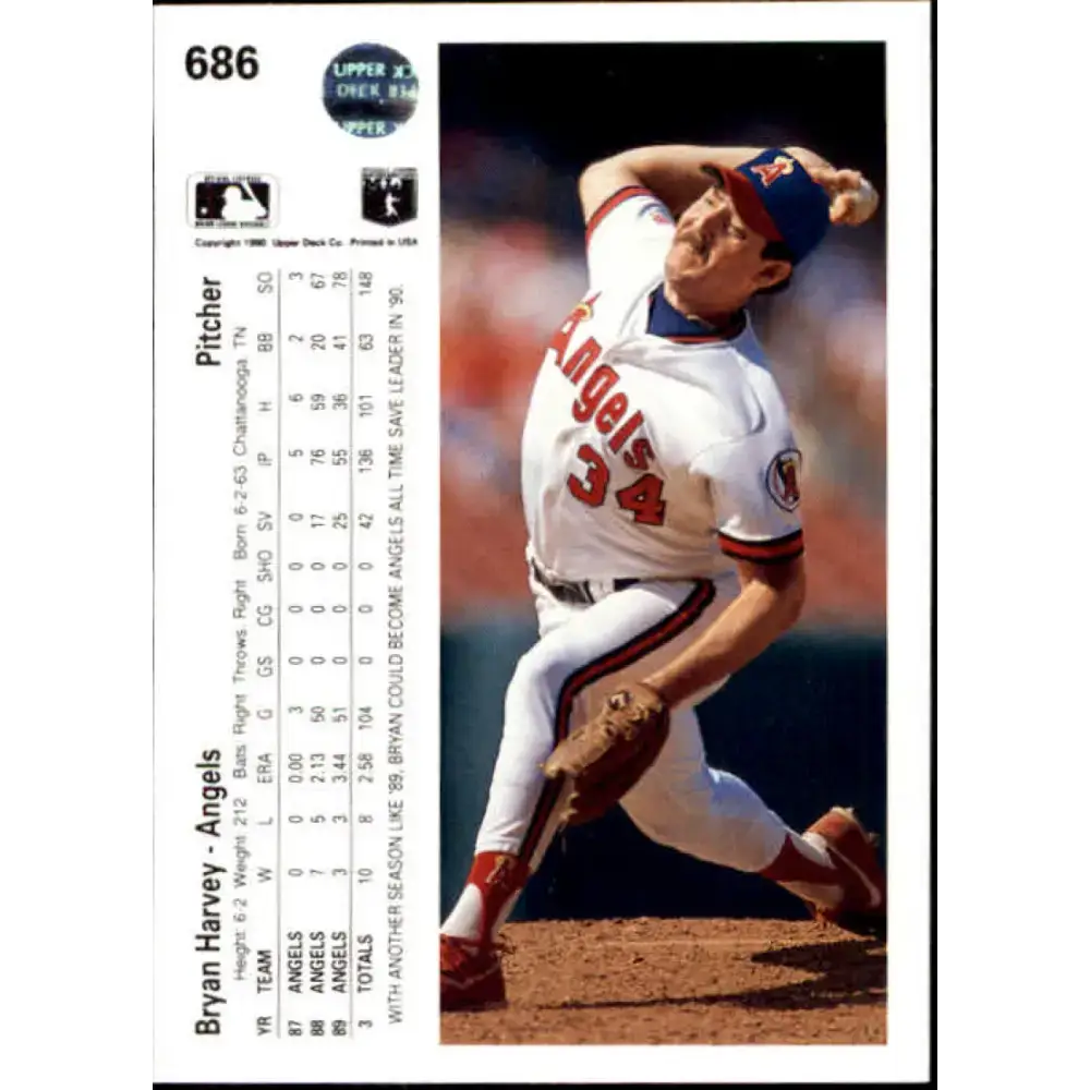 1990 Upper Deck #686 Bryan Harvey NM-MT California Angels Baseball Card - Baseball Card Single