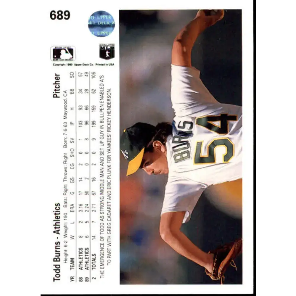 1990 Upper Deck #689 Todd Burns NM-MT Oakland Athletics Baseball Card - Baseball Card Single