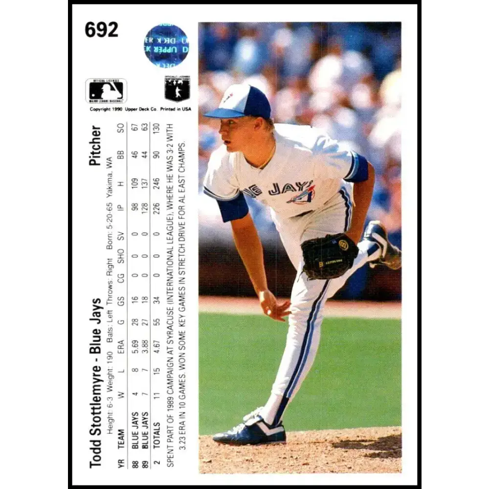 1990 Upper Deck #692 Todd Stottlemyre NM-MT Toronto Blue Jays Baseball Card - Baseball Card Single