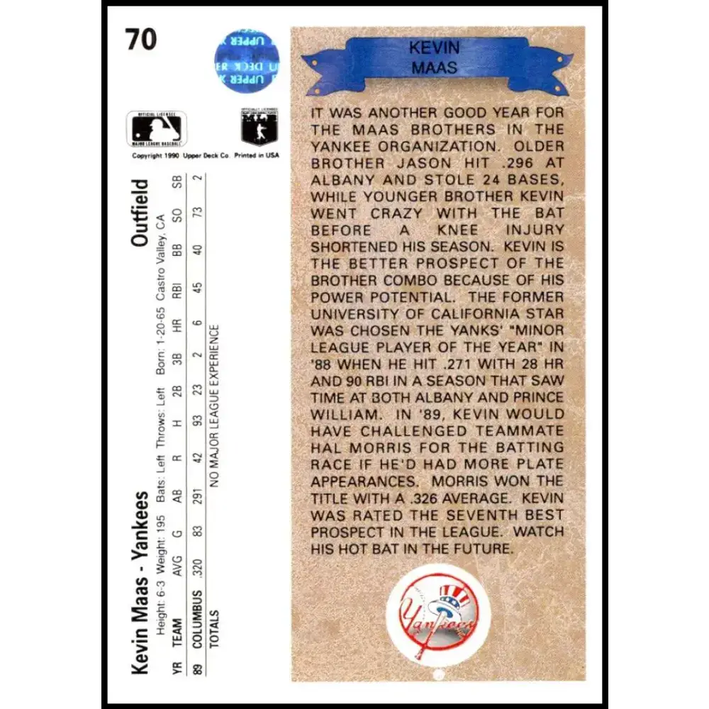 1990 Upper Deck #70 Kevin Maas NM-MT RC Rookie New York Yankees Baseball Card - Baseball Card Single