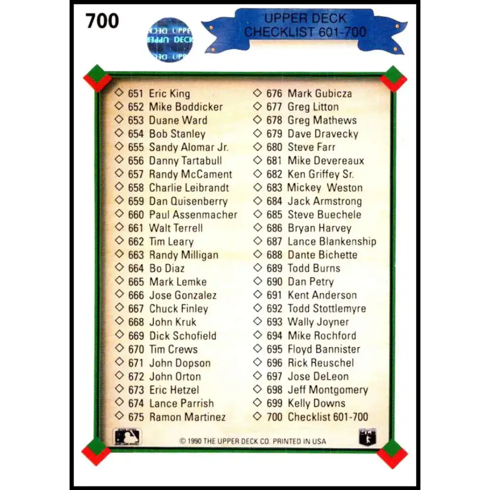1990 Upper Deck #700b Checklist 601-700 COR NM-MT Checklist Baseball Card - Baseball Card Single