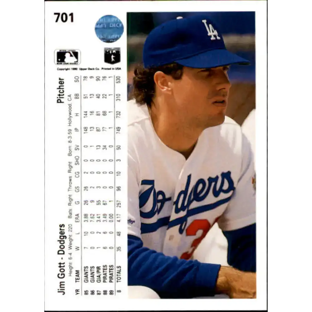 1990 Upper Deck #701 Jim Gott NM-MT Los Angeles Dodgers Baseball Card - Baseball Card Single
