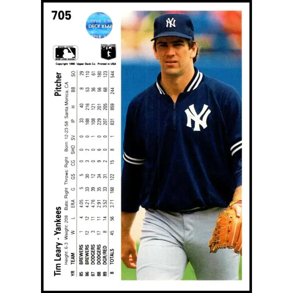 1990 Upper Deck #705 Tim Leary NM-MT New York Yankees Baseball Card - Baseball Card Single