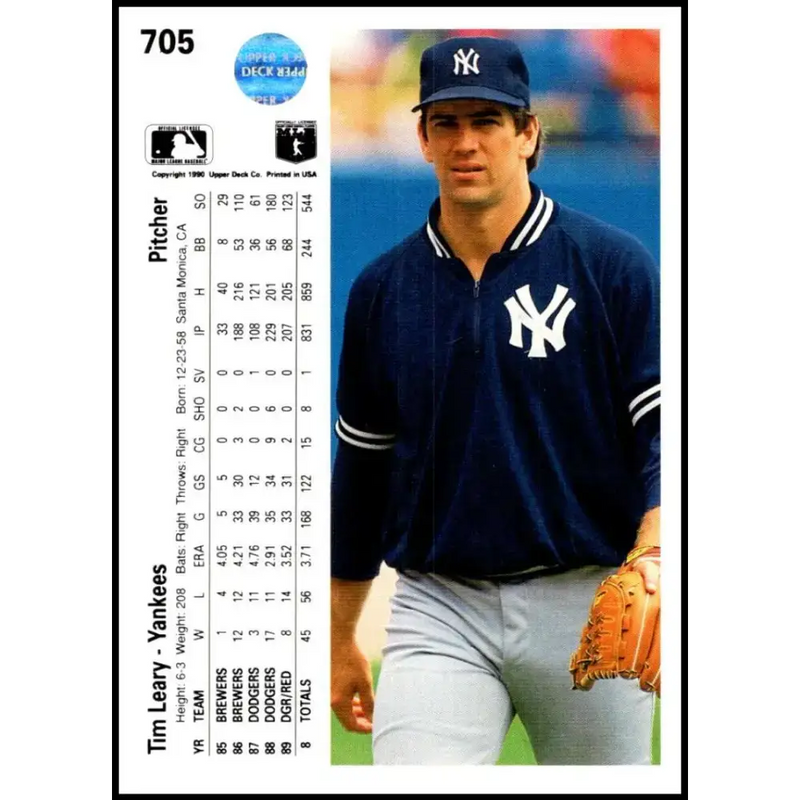 1990 Upper Deck #705 Tim Leary NM-MT New York Yankees Baseball Card - Baseball Card Single
