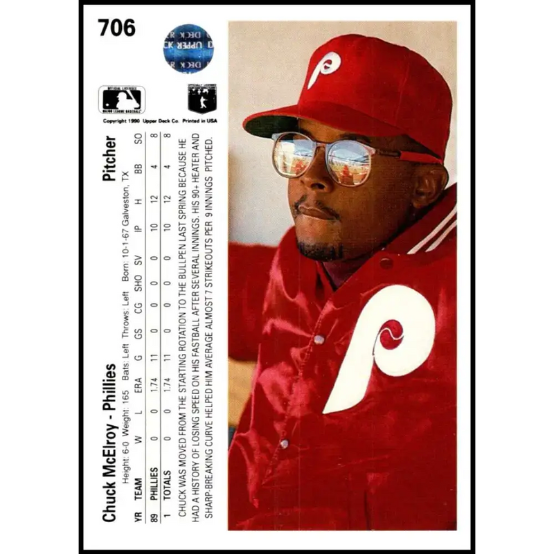 1990 Upper Deck #706 Chuck McElroy NM-MT RC Rookie Philadelphia Phillies Baseball Card - Baseball Card Single