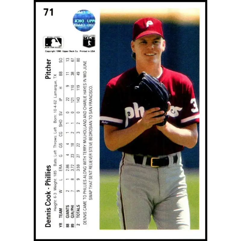 1990 Upper Deck #71 Dennis Cook UER NM-MT Philadelphia Phillies Baseball Card - Baseball Card Single