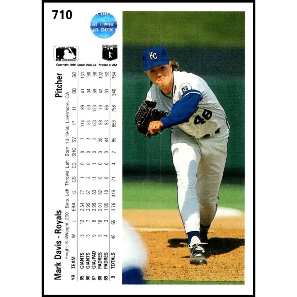 1990 Upper Deck #710 Mark Davis NM-MT Kansas City Royals Baseball Card - Baseball Card Single