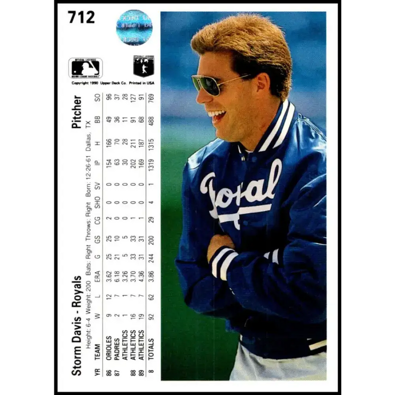 1990 Upper Deck #712 Storm Davis NM-MT Kansas City Royals Baseball Card - Baseball Card Single