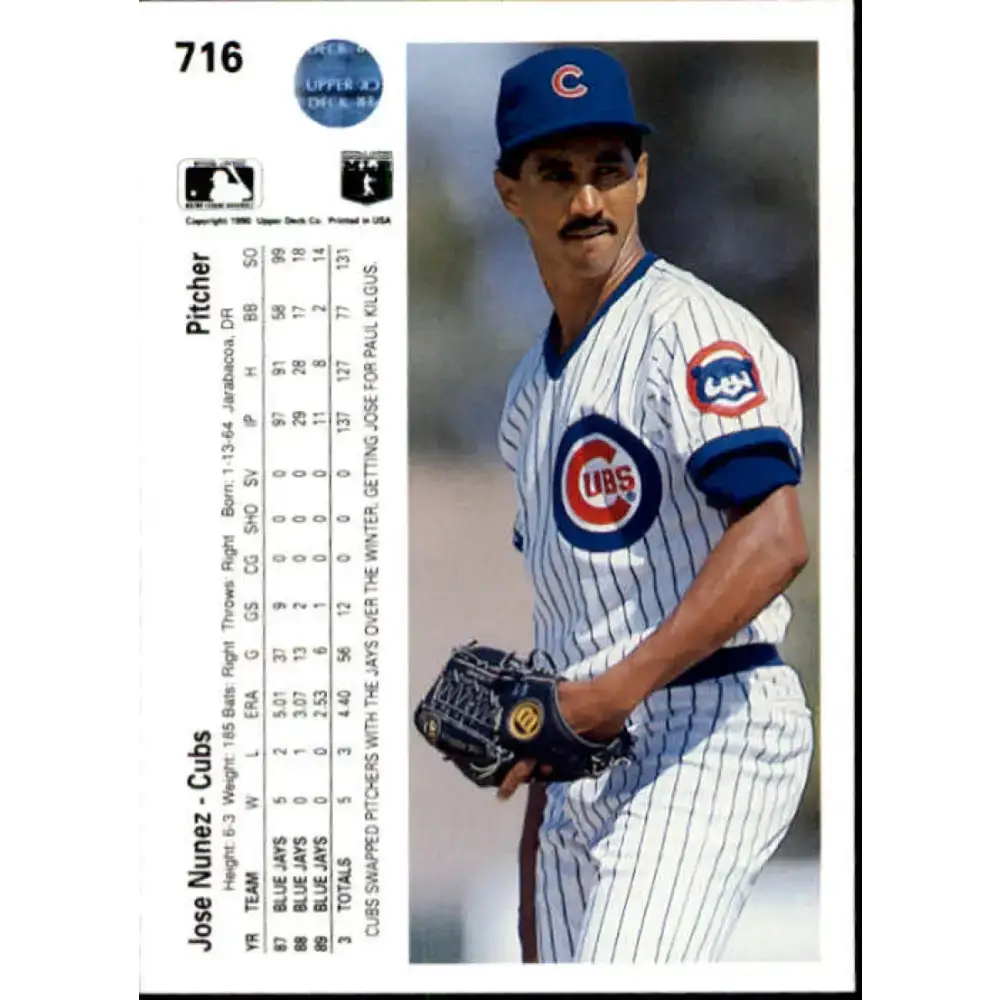 1990 Upper Deck #716 Jose Nunez NM-MT Chicago Cubs Baseball Card - Baseball Card Single