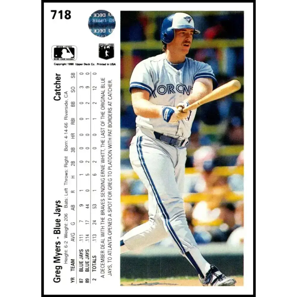 1990 Upper Deck #718 Greg Myers NM-MT Toronto Blue Jays Baseball Card - Baseball Card Single