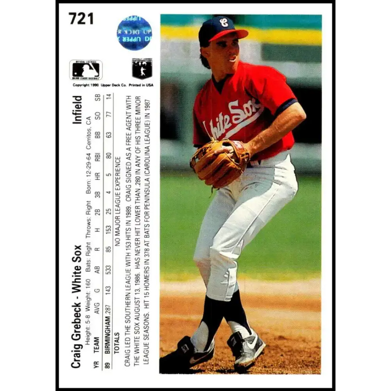 1990 Upper Deck #721 Craig Grebeck NM-MT RC Rookie Chicago White Sox Baseball Card - Baseball Card Single
