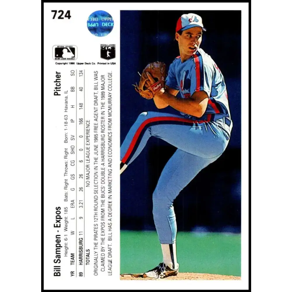 1990 Upper Deck #724 Bill Sampen NM-MT RC Rookie Montreal Expos Baseball Card - Baseball Card Single