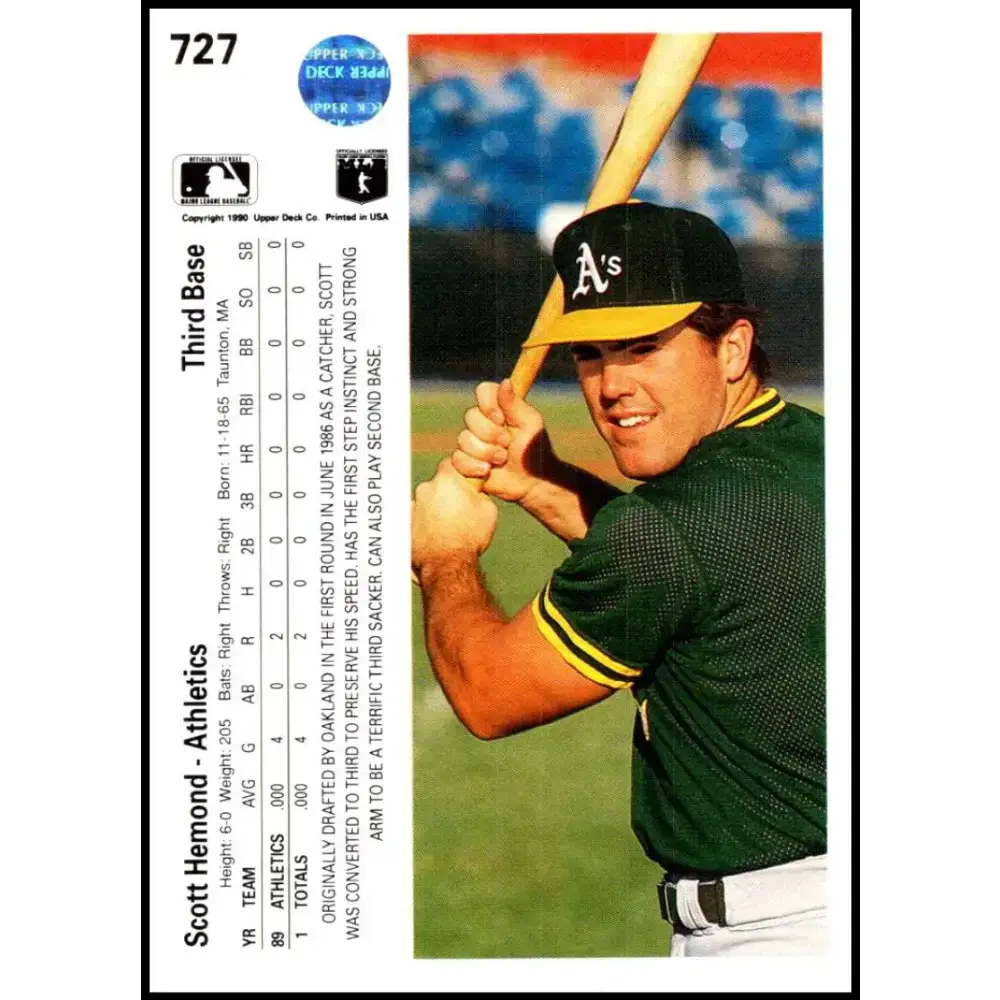 1990 Upper Deck #727 Scott Hemond NM-MT RC Rookie Oakland Athletics Baseball Card - Baseball Card Single