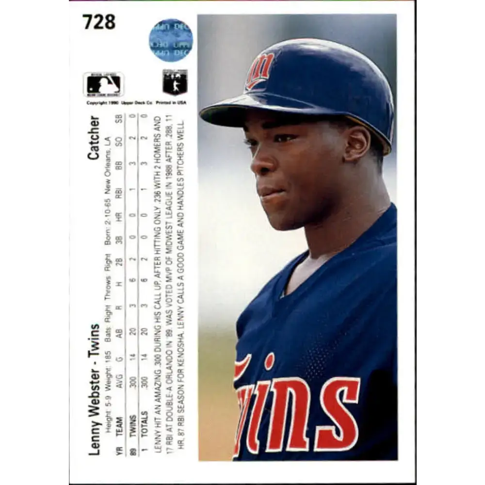 1990 Upper Deck #728 Lenny Webster NM-MT RC Rookie Minnesota Twins Baseball Card - Baseball Card Single