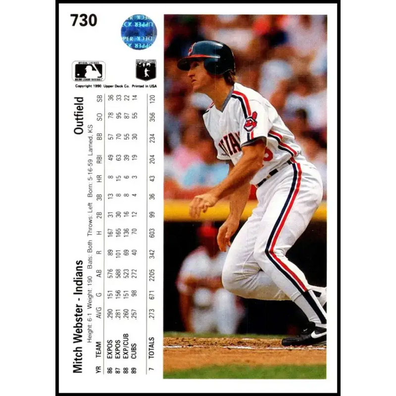 1990 Upper Deck #730 Mitch Webster NM-MT Cleveland Indians Baseball Card - Baseball Card Single