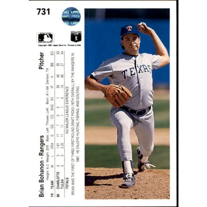 1990 Upper Deck #731 Brian Bohanon NM-MT RC Rookie Texas Rangers Baseball Card - Baseball Card Single