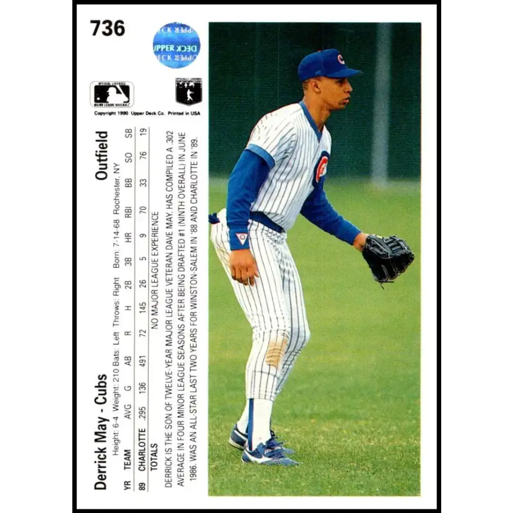 1990 Upper Deck #736 Derrick May NM-MT RC Rookie Chicago Cubs Baseball Card - Baseball Card Single