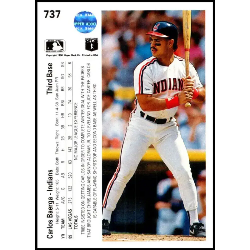 1990 Upper Deck #737 Carlos Baerga NM-MT RC Rookie Cleveland Indians Baseball Card - Baseball Card Single