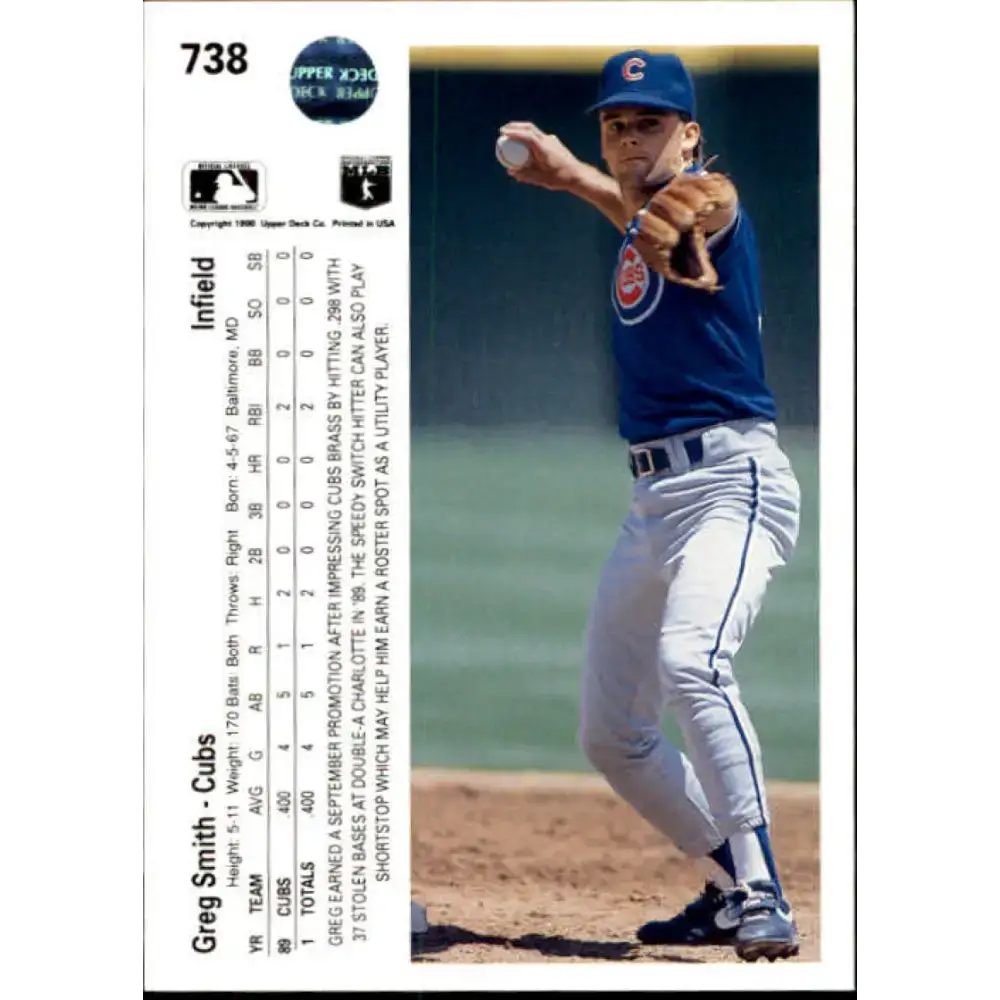 1990 Upper Deck #738 Greg Smith NM-MT RC Rookie Chicago Cubs Baseball Card - Baseball Card Single