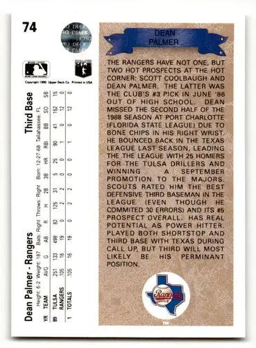 1990 Upper Deck #74 Dean Palmer Texas Rangers Baseball Cards EX/NM ID:59135 - Baseball Card Single