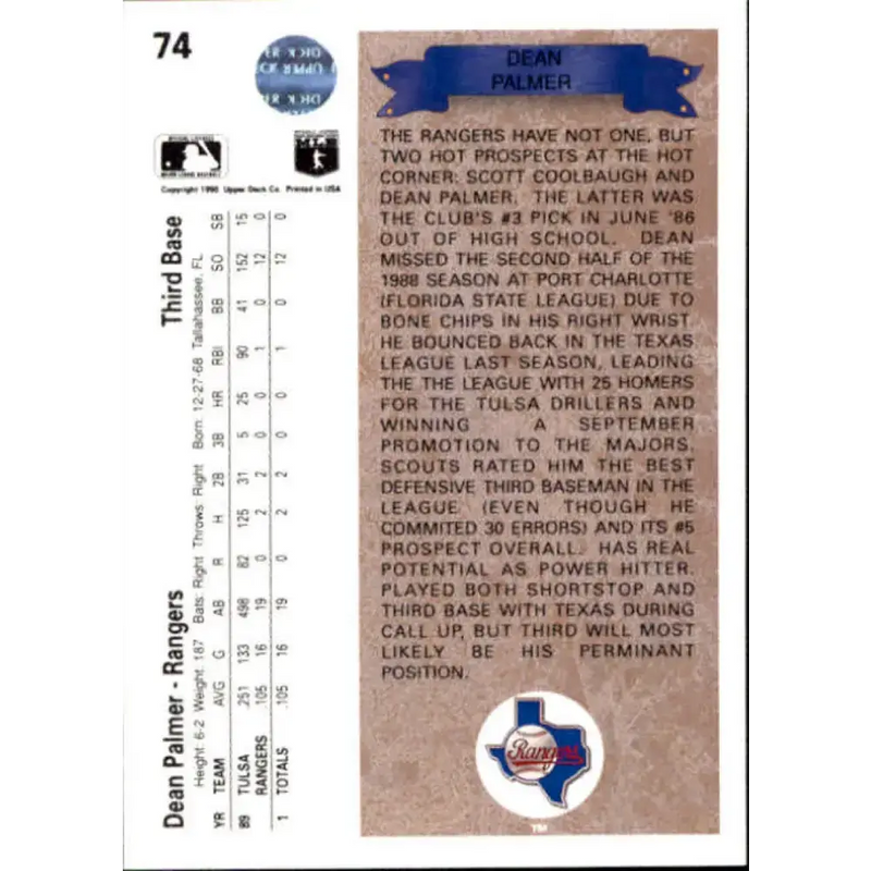 1990 Upper Deck #74 Dean Palmer UER NM-MT RC Rookie Texas Rangers Baseball Card - Baseball Card Single