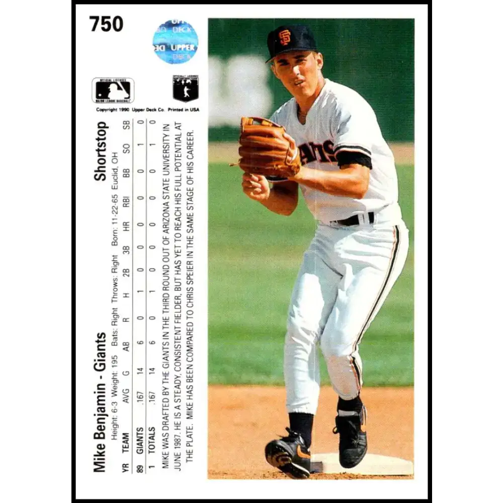 1990 Upper Deck #750 Mike Benjamin NM-MT RC Rookie San Francisco Giants Baseball Card - Baseball Card Single