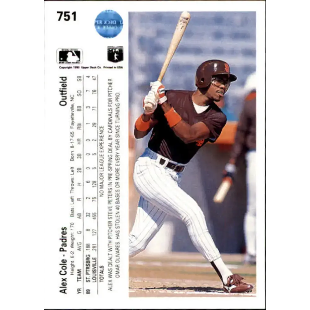 1990 Upper Deck #751 Alex Cole NM-MT RC Rookie San Diego Padres Baseball Card - Baseball Card Single