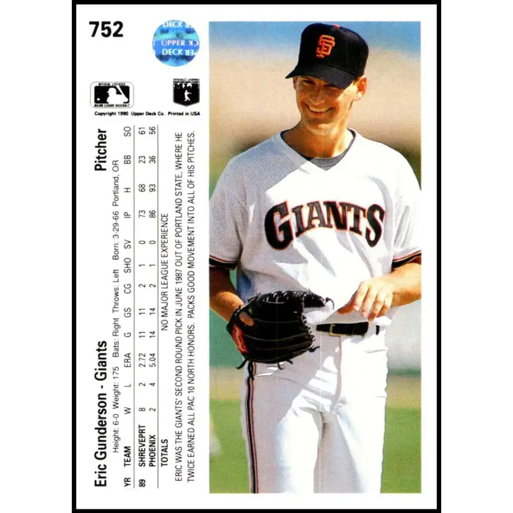 1990 Upper Deck #752 Eric Gunderson NM-MT RC Rookie San Francisco Giants Baseball Card - Baseball Card Single