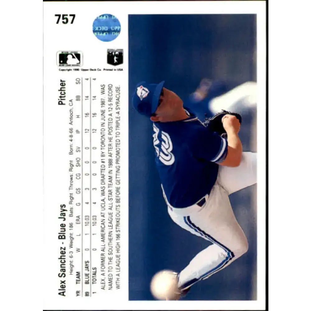 1990 Upper Deck #757 Alex Sanchez NM-MT Toronto Blue Jays Baseball Card - Baseball Card Single