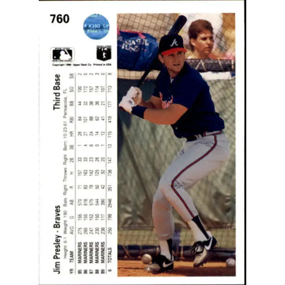 1990 Upper Deck #760 Jim Presley NM-MT Atlanta Braves Baseball Card - Baseball Card Single