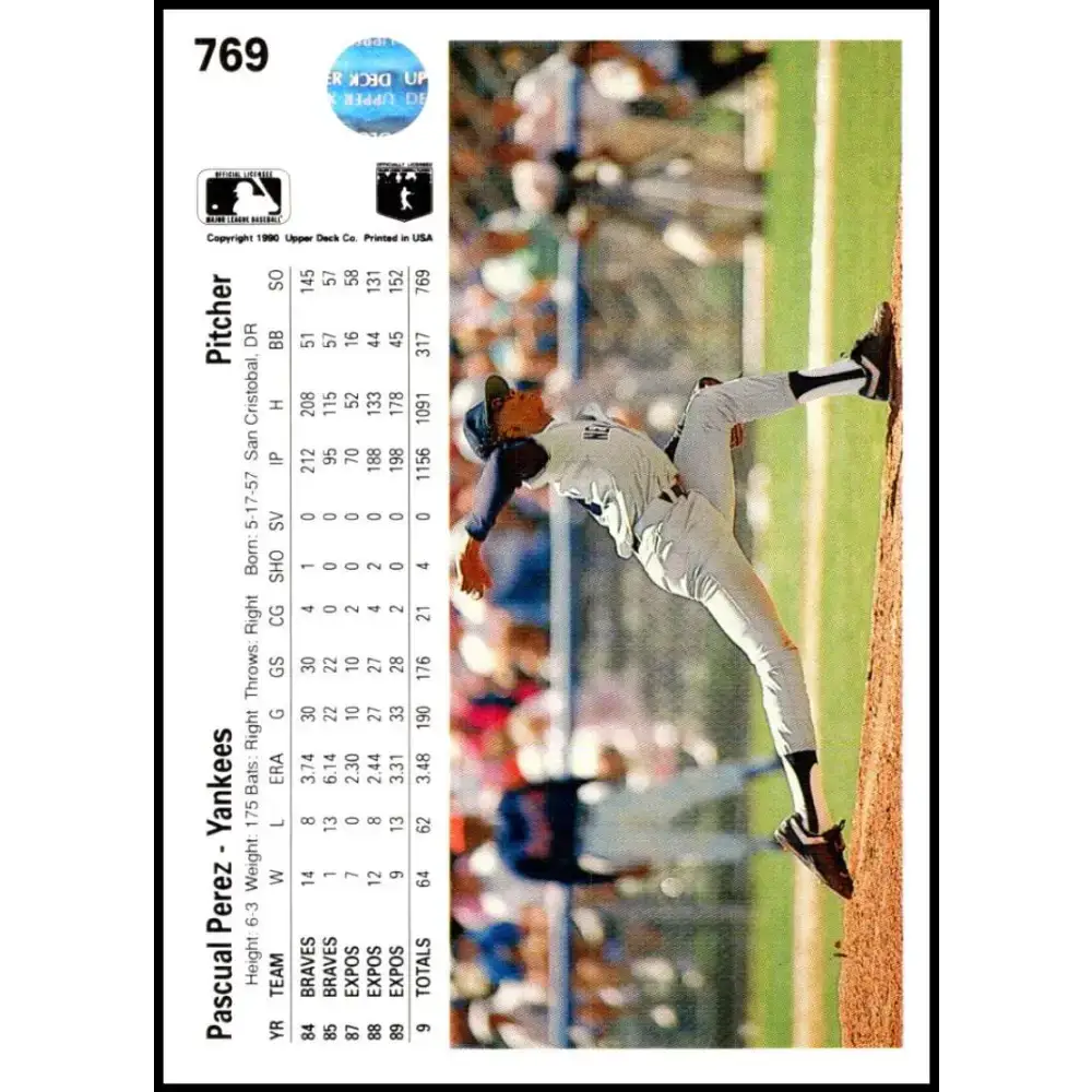 1990 Upper Deck #769 Pascual Perez NM-MT New York Yankees Baseball Card - Baseball Card Single