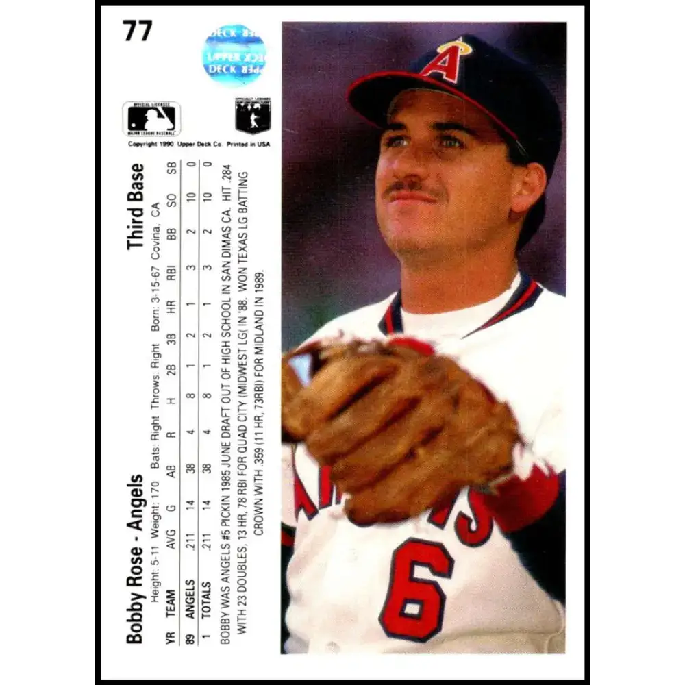 1990 Upper Deck #77 Bobby Rose UER NM-MT California Angels Baseball Card - Baseball Card Single