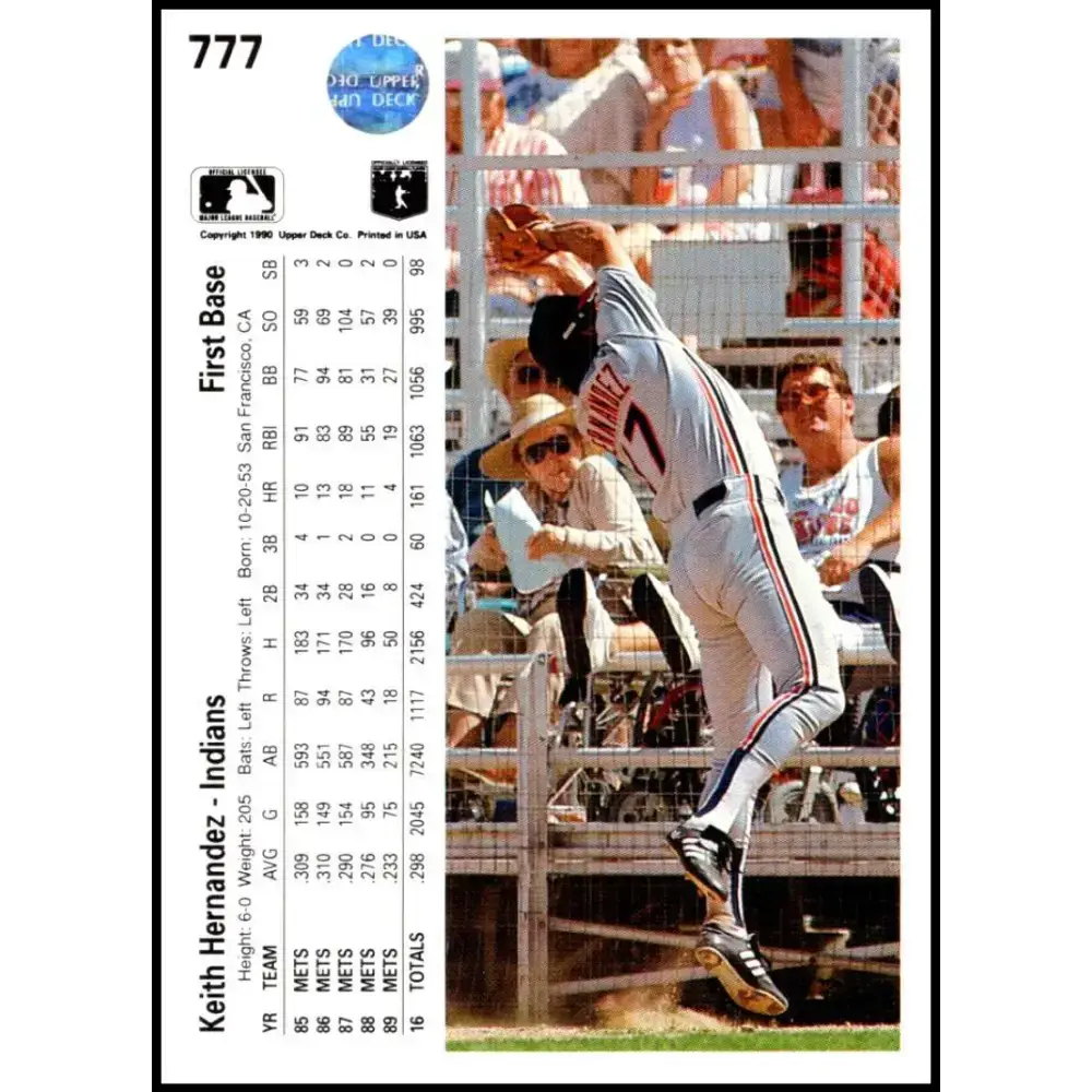 1990 Upper Deck #777 Keith Hernandez NM-MT Cleveland Indians Baseball Card - Baseball Card Single