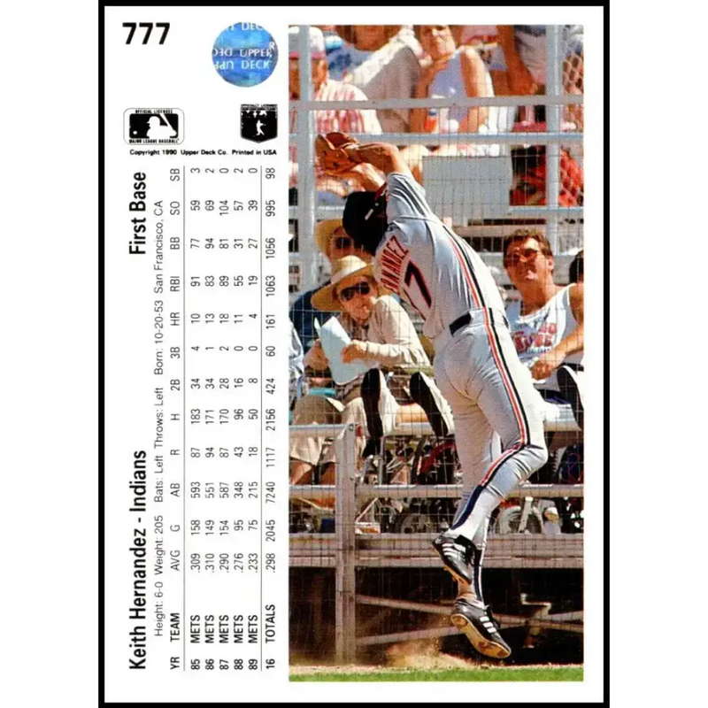 1990 Upper Deck #777 Keith Hernandez NM-MT Cleveland Indians Baseball Card - Baseball Card Single