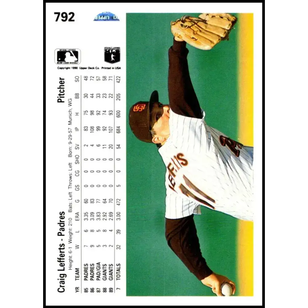 1990 Upper Deck #792 Craig Lefferts NM-MT San Diego Padres Baseball Card - Baseball Card Single