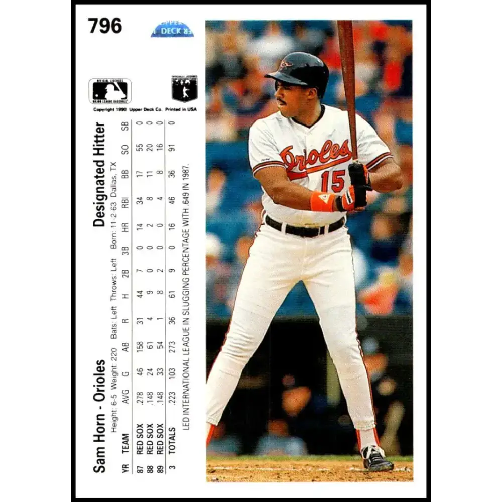 1990 Upper Deck #796 Sam Horn NM-MT Baltimore Orioles Baseball Card - Baseball Card Single
