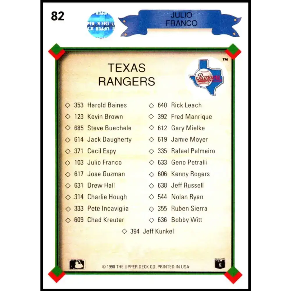 1990 Upper Deck #82 Julio Franco TC NM-MT Texas Rangers Baseball Card - Baseball Card Single