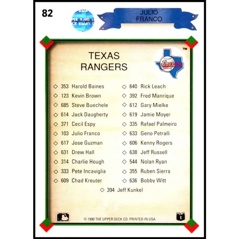 1990 Upper Deck #82 Julio Franco TC NM-MT Texas Rangers Baseball Card - Baseball Card Single