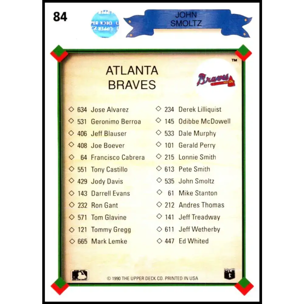 1990 Upper Deck #84 John Smoltz TC UER NM-MT Atlanta Braves Baseball Card - Baseball Card Single