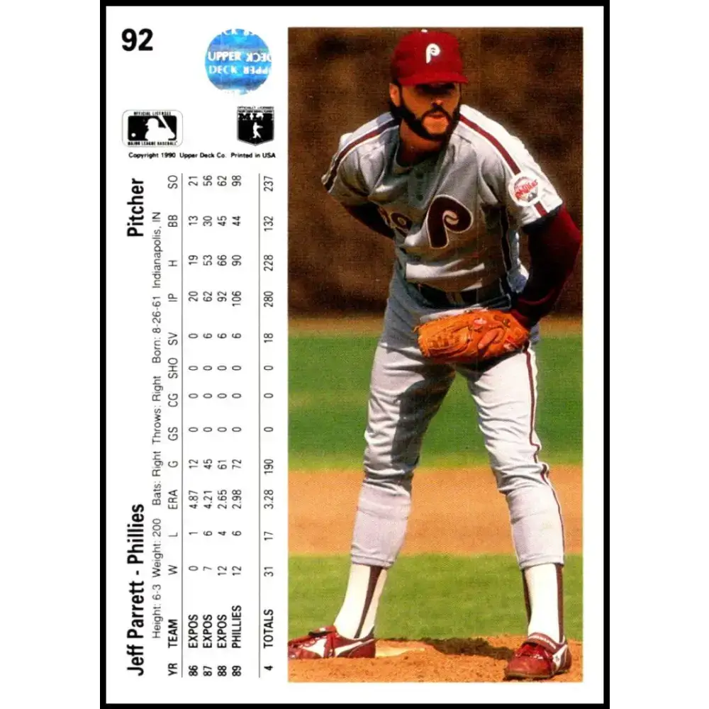 1990 Upper Deck #92 Jeff Parrett NM-MT Philadelphia Phillies Baseball Card - Baseball Card Single