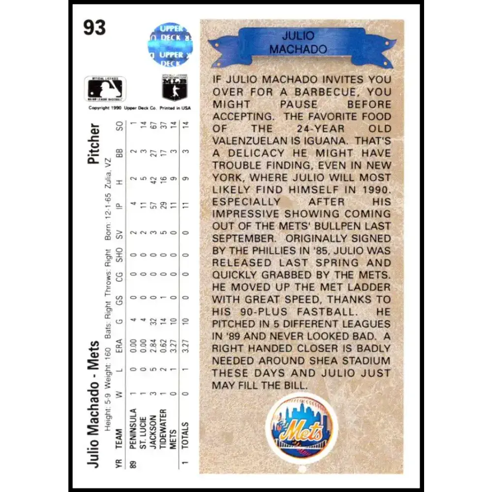 1990 Upper Deck #93 Julio Machado NM-MT RC Rookie New York Mets Baseball Card - Baseball Card Single