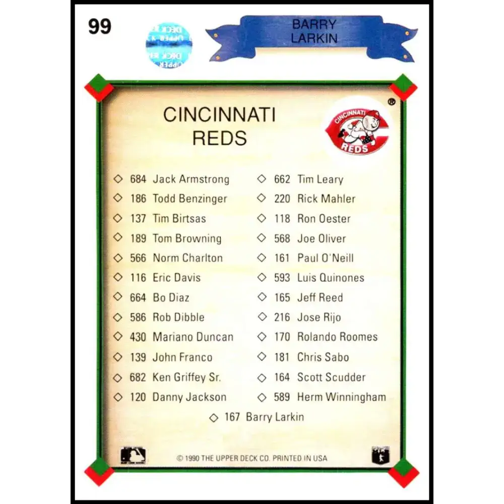 1990 Upper Deck #99 Barry Larkin TC NM-MT Cincinnati Reds Baseball Card - Baseball Card Single