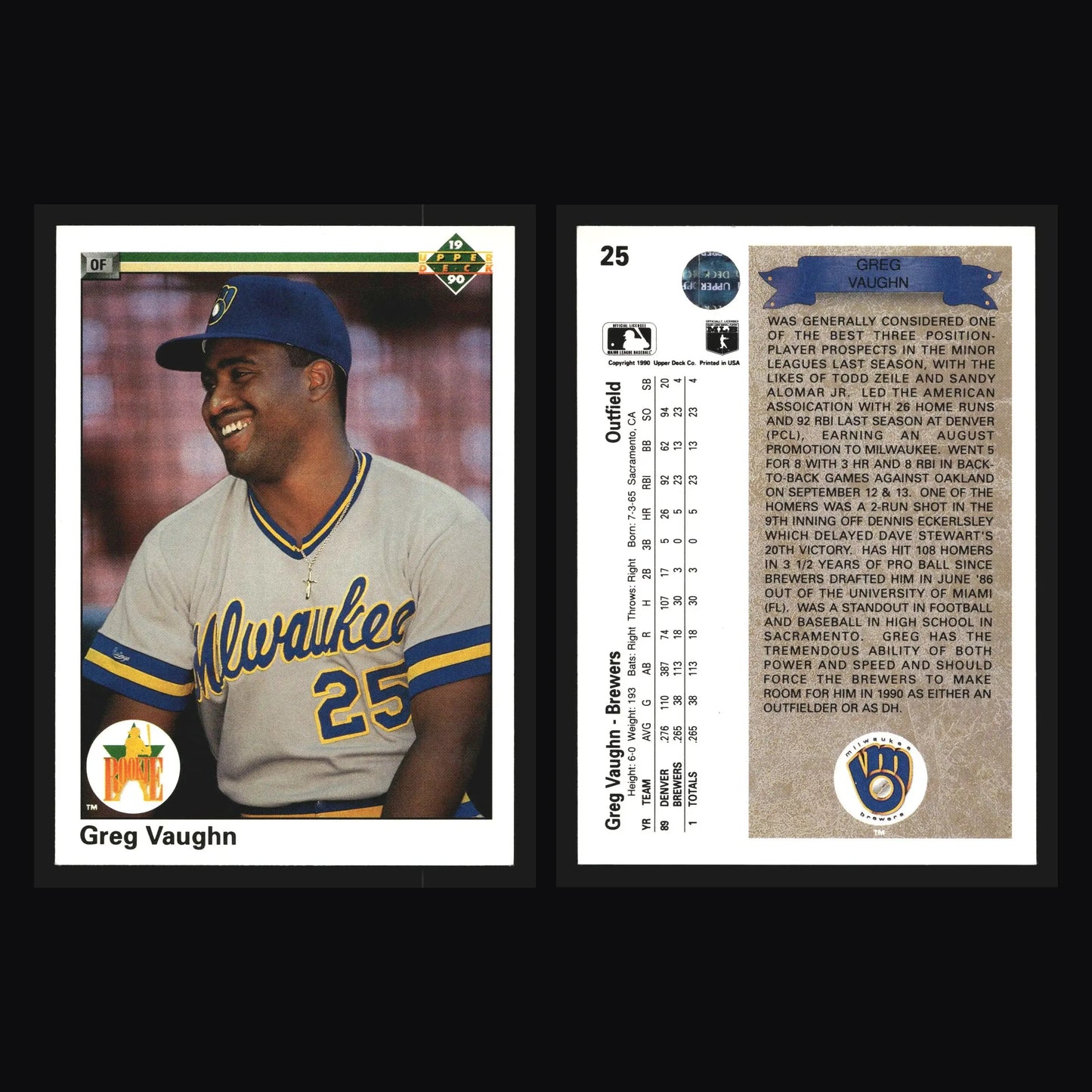 1990 Upper Deck Greg Vaughn #25 Star Rookie RC Milwaukee Brewers - Baseball Card Single