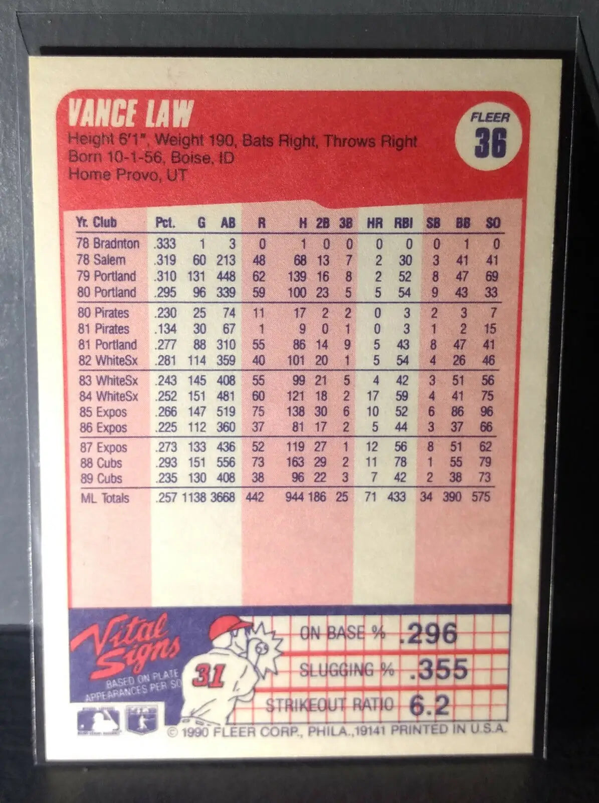 1990 Vance Law Fleer Baseball Card #36