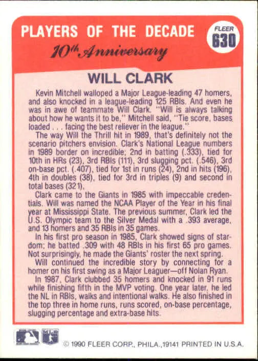 1990 Will Clark Fleer Baseball Card #630 - Baseball Card Single
