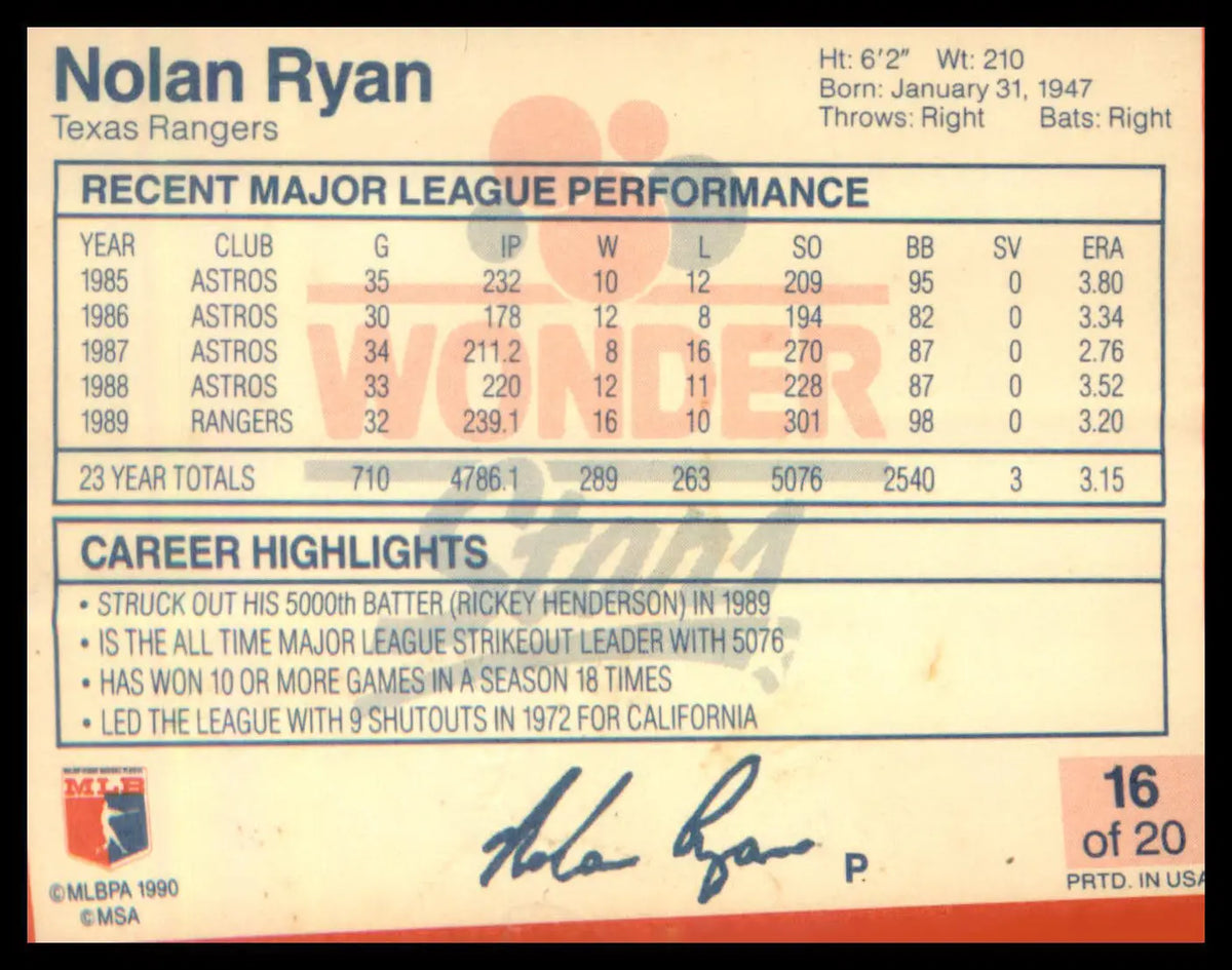 1990 Wonder Bread Stars #16 Nolan Ryan - Baseball Card Single