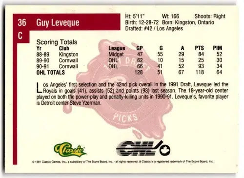 1991-92 Classic #36 Guy Leveque NM Near Mint ID:43379 - Hockey Card Single